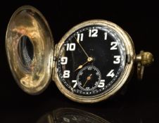 Hallmarked silver keyless winding half hunter pocket watch with subsidiary seconds dial, gold hands,