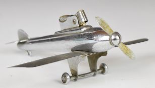 Novelty Art Deco chrome novelty table lighter formed as an aeroplane, length 15cm. PLEASE NOTE WE