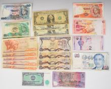 Twenty one various world banknotes including USA, Russia, Malaysia, Singapore, Greece, Cyprus,