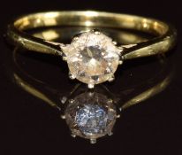An 18ct gold ring set with a round cut diamond of approximately 0.85ct, 3g, size Q