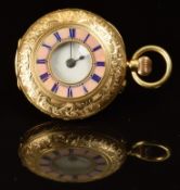 Continental 18ct gold keyless winding half hunter pocket watch with black Roman numerals, blued