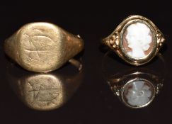 A 9ct gold ring set with a cameo (1.7g, size L) and a signet ring (band cut, 3g)