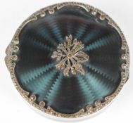 Art Deco hallmarked silver, green guilloché enamel and marcasite powder compact, import marks for