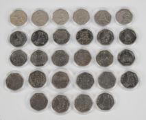 Twenty eight Beatrix Potter 50p coins, in coin capsules all near uncirculated