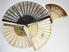 Four 19th or early 20thC fans including inlaid cut steel and bone, painted feather and lace, longest