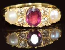 Victorian 18ct gold ring set with an oval cut garnet, split pearls and old cut diamonds, 3.8g,