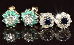 A pair of 9ct white gold earrings each set with a sapphire surrounded by diamonds and a pair of