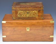 Rosewood brass inlaid sewing or work box, width 27.5cm together with a 19thC mahogany campaign style