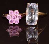 Two 9ct gold rings, one set with pink sapphires and the other quartz, 5.8g, size S & J
