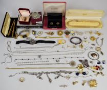 A collection of jewellery including diamanté earrings, brooches including silver filigree, Toledo,