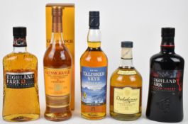 Five bottles of single malt Scotch Whisky comprising Glenmorangie 40% vol, Highland Park Viking