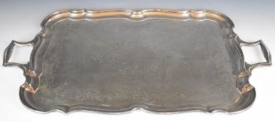 Mappin and Webb twin handled plated tray with vacant cartouche, 70 x 42cm