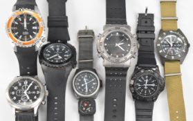 Seven military style gentleman's wristwatches including Momentum, Aeromatic, Marathon, 5.11 and MB
