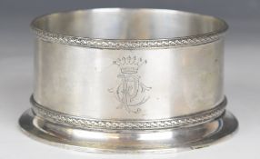 German 800 grade silver wine bottle coaster with engraved Earl's or similar coronet, diameter 11.