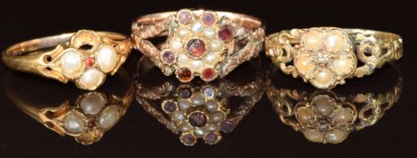 Two Victorian / Edwardian 9ct gold rings, one set with seed pearls and paste and the other a diamond