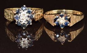 Two 9ct gold rings set with diamonds surrounded by sapphires, 4.5g, size O & Q