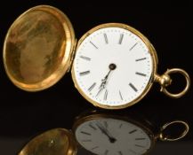 Unnamed 18ct gold full hunter pocket watch with blued hands, black Roman numerals, white enamel