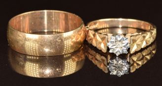 A 9ct gold wedding band and a 9ct gold ring set with a diamond, 6.1g, size N & Q