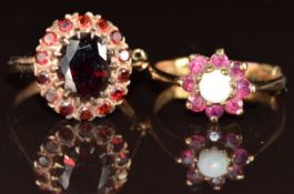 A 9ct gold ring set with an opal surrounded by rubies and a 9ct gold ring set with garnets in a