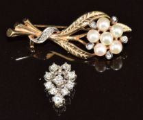 A 9ct gold brooch set with pearls and diamonds and a 9ct white gold section of pendant set with