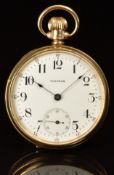Waltham 9ct gold keyless winding open faced pocket watch with inset subsidiary seconds dial, blued