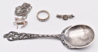 A silver horse pendant, 9ct gold eternity ring, paste brooch and silver spoon