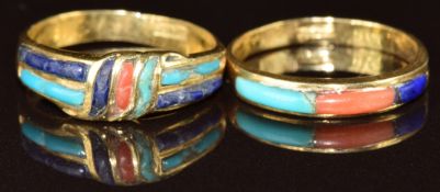Two 19thC Egyptian 18ct gold rings set with turquoise, coral and lapis lazuli, 4.8g, size K