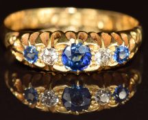 Edwardian 18ct gold ring set with three sapphires and diamonds, Chester 1903, 3.7g, size Q/R