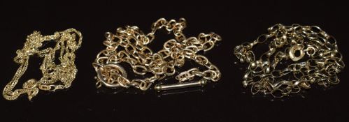 Three 9ct gold chains/ necklaces, 10.8g, 40, 52 & 61cm
