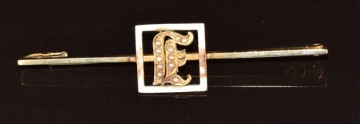 A 15ct gold brooch set with enamel and seed pearls, 4.1g