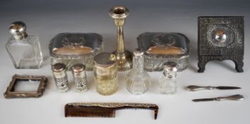 Hallmarked silver mounted and lidded items including a pair of cut glass dressing table pots,