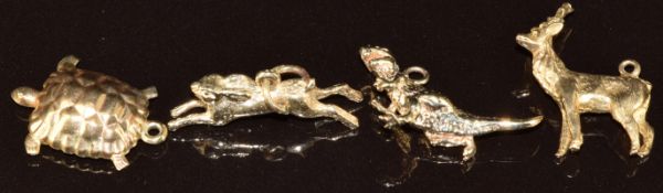 Four 9ct gold charms including tortoise, dinosaur, hare and deer, 8.8g