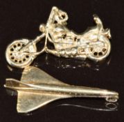 Two 9ct gold charms, a motorbike and Concorde, 4.2g