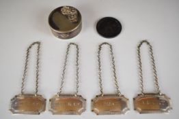 Set of four Georgian style hallmarked silver bottle labels or tickets comprising port, brandy,