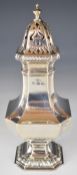 Elkington & Co. Ltd hallmarked silver sugar caster of baluster octagonal form with incuse corners,