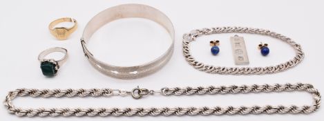 A 9ct gold signet ring (3g), silver including Charles Horner bangle, rope twist necklace,