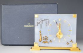 Jaeger LeCoultre Marina mantel skeleton clock with Chinoiserie decoration and gilt base, in original
