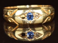 Edwardian 18ct gold ring set with a sapphire and diamond (one diamond missing) Birmingham 1902, 3.