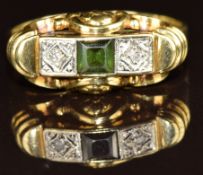 A 14k gold ring set with a rectangular cut tourmaline and two diamonds, 3.4g, size Q