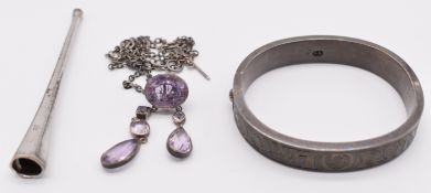Russian Niello bangle, amethyst necklace and cheroot holder