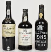 Three bottles of vintage port Royal Oporto 1977 750ml 20% vol, Real Companhia Velha 1983 750ml 20%