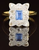 Art Deco 18ct gold ring set with a rectangular cut sapphire surrounded by diamonds in a platinum