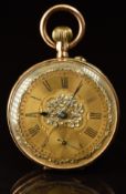 Unnamed 14ct gold keyless winding open faced pocket watch with subsidiary seconds dial, blued hands,