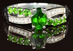 A 9k white gold ring set with Russian diopside and diamonds, 2.7g, size P