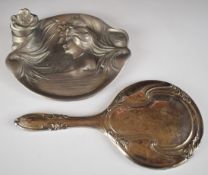 N Vidal Art Nouveau style pewter inkwell dish, width 21cm and a hallmarked silver mounted hand