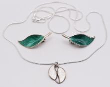 David Andersen Norway pair of silver leaf earrings set with green enamel and a pendant