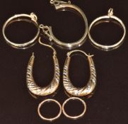 Two pairs of 9ct gold earrings and three 9ct gold mounts, 4.2g