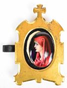 Limoges signed portrait miniature enamel on copper of a lady wearing a red cape, signed Thoumeaux