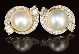 A pair of 18ct gold earrings set with Mabe pearls, round and baguette cut diamonds, 13.2g
