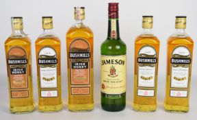 Six bottles of Irish whiskey comprising 3x Bushmills 70cl 40%, 2x Bushmills Irish Honey 70cl &1L 35%